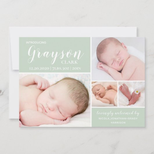 Faire-part Photo moderne Soft Green Collage bébé garçon naiss (Devant)