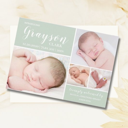 Faire-part Photo moderne Soft Green Collage bébé garçon naiss