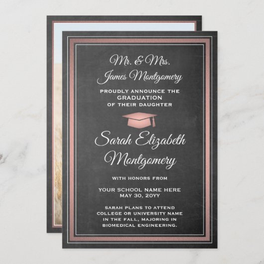 Faire-part Photo Parents Chalkboard et Pink Graduation (Devant / Derrière)