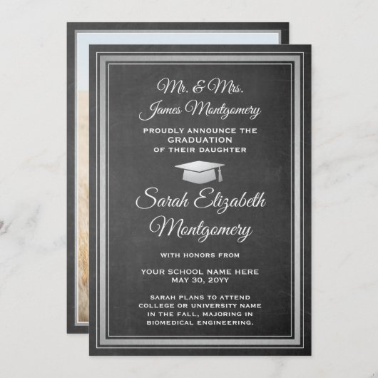 Faire-part Photo Parents Chalkboard & White Graduation (Devant / Derrière)
