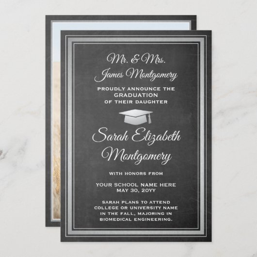 Faire-part Photo Parents Chalkboard & White Graduation (Devant / Derrière)