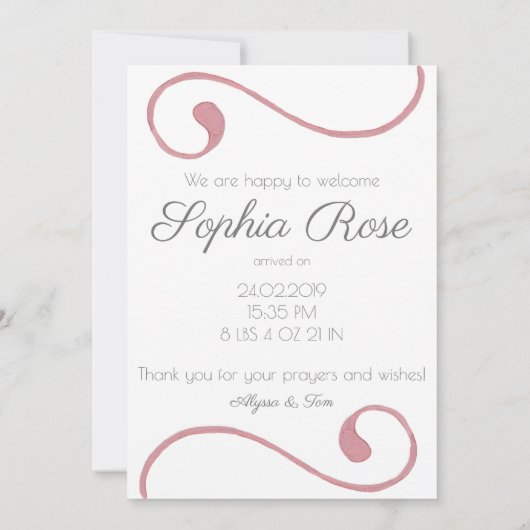 Faire-part Photo Pink Swirl Script bébé fille naissance (Dos)