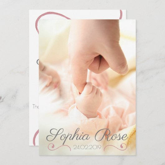 Faire-part Photo Pink Swirl Script bébé fille naissance (Devant / Derrière)