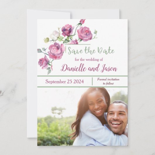 Faire-part Photo rose Mauve et Sage Enregistrer la date (Devant)