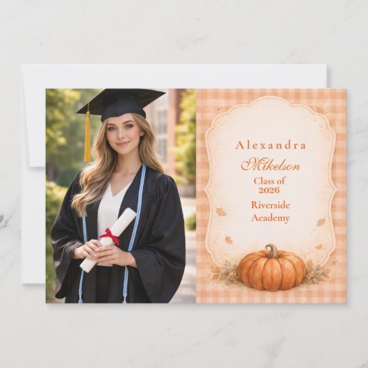 Faire-part Photo Rustic Gingham Pumpkin Fall Graduation (Devant)