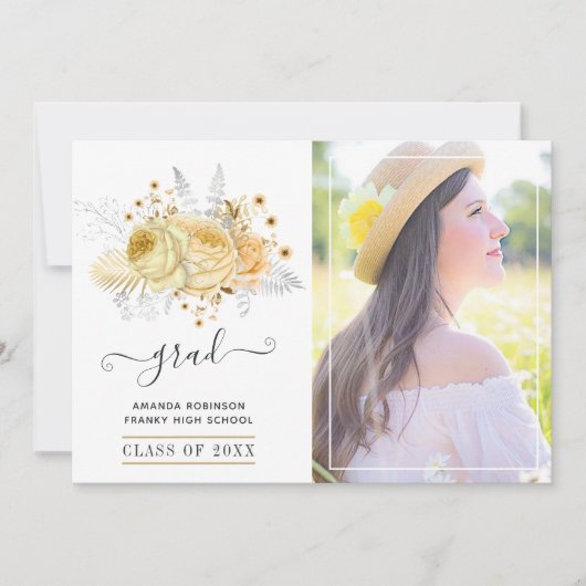 Faire-part Photo Rustique Silver et Gold Floral Graduation (Devant)