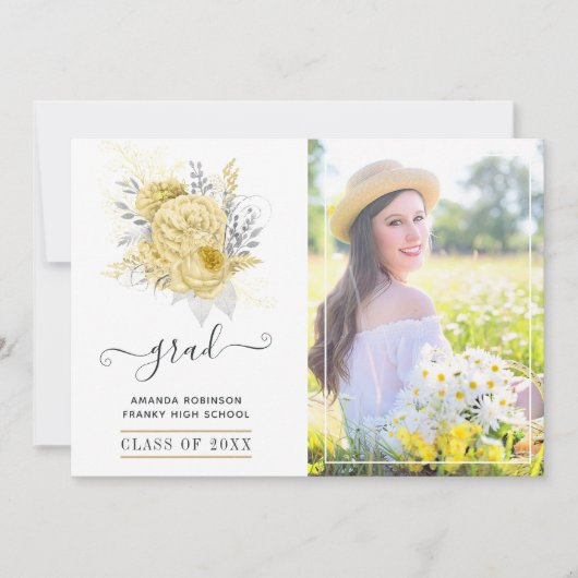 Faire-part Photo Rustique Silver et Gold Floral Graduation (Devant)