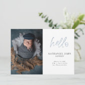 Faire-part Photo simple Hello Blue Typography Baby (Debout devant)