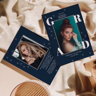 Faire-part Photo Star Sparkling Retro Navy Blue Graduation