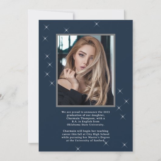 Faire-part Photo Star Sparkling Retro Navy Blue Graduation (Dos)