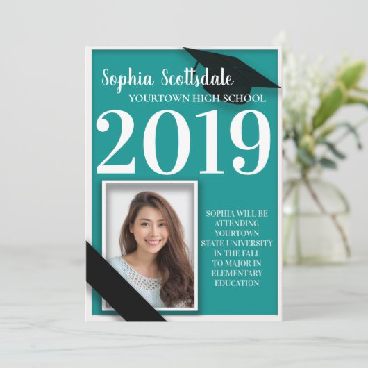 Faire-part photo turquoise et blanc (Debout devant)