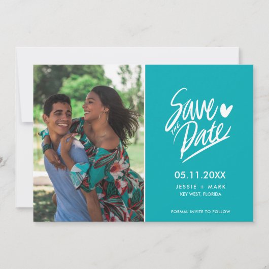 Faire-part Photo Turquoise simple Mariage moderne Enregistrer (Devant)