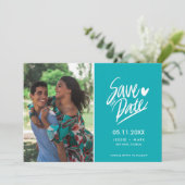 Faire-part Photo Turquoise simple Mariage moderne Enregistrer (Debout devant)