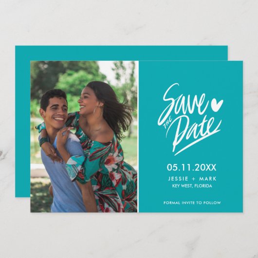 Faire-part Photo Turquoise simple Mariage moderne Enregistrer (Devant / Derrière)