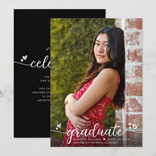 Faire-part Photographie de graduation noire Coeurs de calligr (Devant / Derrière)