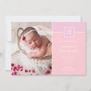 Faire-part Photos de bébé fille avec monogramme Rose Annonce