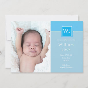 Faire-part Photos de bébé garçon avec monogramme Bleu Élégant