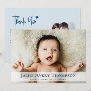 Faire-part Photos de bébé Merci Cœur Moderne Bleu Naissance