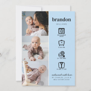 Faire-part Photos de bébé nouveau-né moderne Statistiques Blu