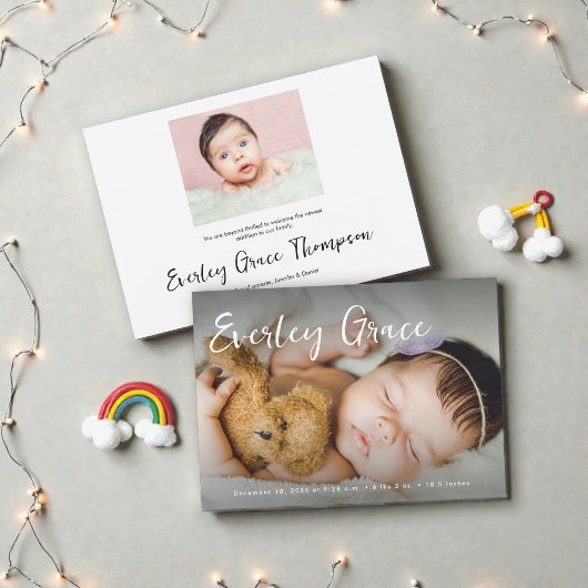Faire-part Photos de bébé personnalisées Nom élégant en scrip