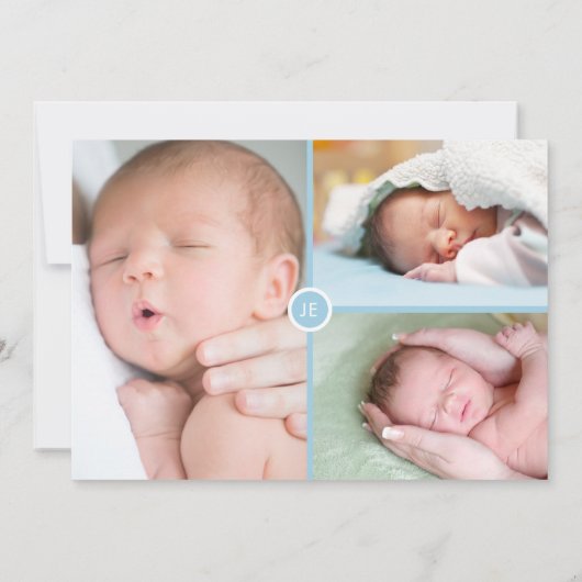Faire-part Photos Monogramme Bleu Script Naissance (Dos)