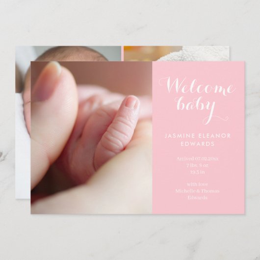 Faire-part Photos Monogramme Pink Script Naissance (Devant / Derrière)
