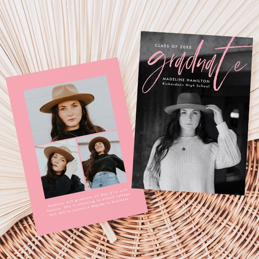 Faire-part Pinceau rose manuscrit Script 4 Diplôme photo