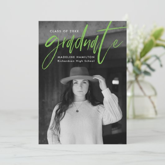 Faire-part Pinceau vert chaux Script 4 Diplôme photo (Debout devant)