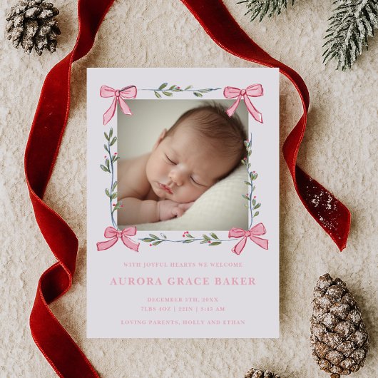 Faire-part Pink Bows Greenery Christmas Berries Baby