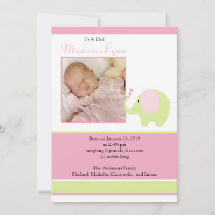 Faire-part Pink Elephant Baby Girl Photo Announcement Card