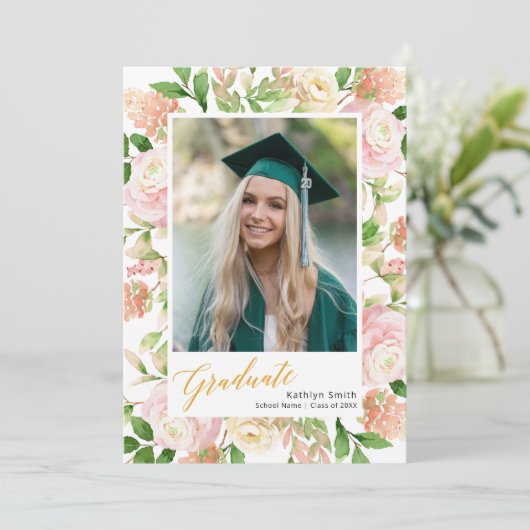Faire-part Pink Floral Green Script Girl Photo Graduation (Debout devant)