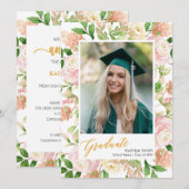 Faire-part Pink Floral Green Script Girl Photo Graduation (Devant / Derrière)