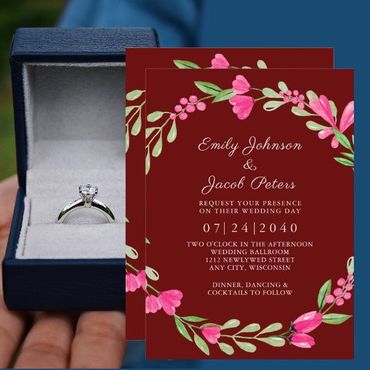 Faire-part Pink Floral Greenery Dark Red Elegant Wedding