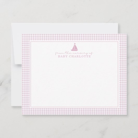 Faire-part Pink Gingham Sailboat Nursery Note Card (Devant)