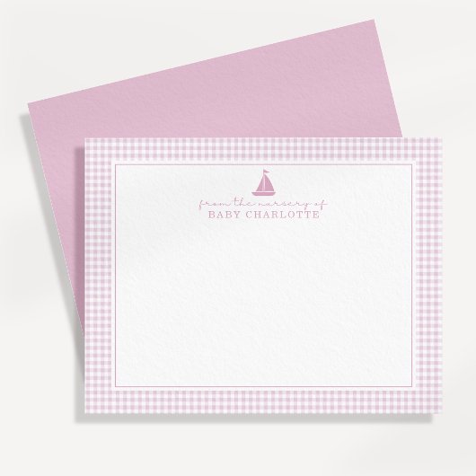 Faire-part Pink Gingham Sailboat Nursery Note Card