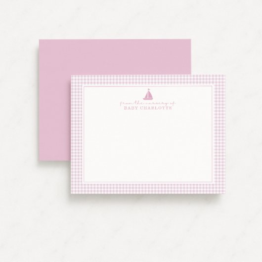 Faire-part Pink Gingham Sailboat Nursery Note Card