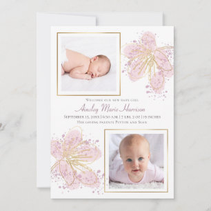 Faire-part Pink Gold Floral Aquarelle Baby Girl 2 Photo