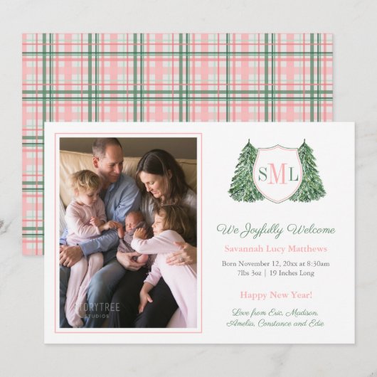 Faire-part Pink Green Monogramme Joyeux Nouvel An Bébé fille  (Devant / Derrière)