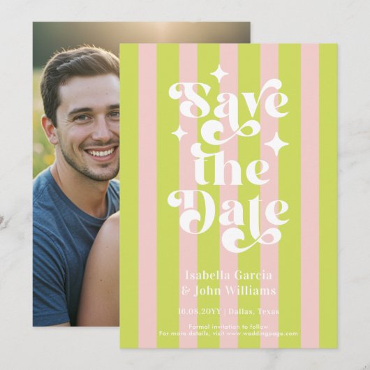 Faire-part Pink Green Retro Typography Wedding Save The Date (Devant / Derrière)