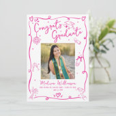 Faire-part Pink Hand Drawn Doodles Graduate 4 Photo White Fun (Debout devant)