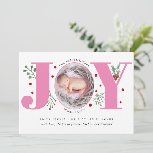 Faire-part Pink Joy First Noël photo bébé naissance (Debout devant)