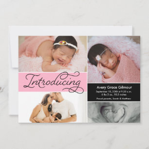 Faire-part Pink Modern Photo Collage Présentation Baby Girl