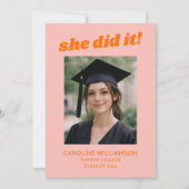 Faire-part Pink Orange Retro She Did It Photo Graduation (Devant)