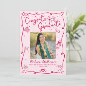 Faire-part Pink Red Hand Drawn Doodles Graduation 4 Photo Fun (Debout devant)