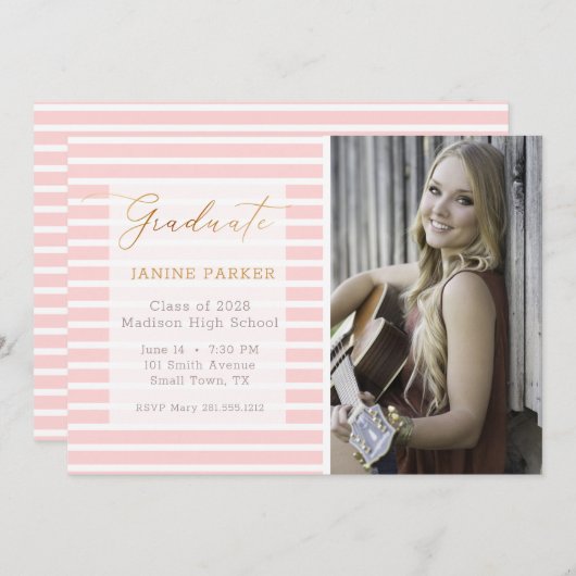 Faire-part Pink Stripe Ajouter Votre Propre Diplôme Photo (Devant / Derrière)