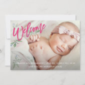 Faire-part Pink Welcome Script avec photo Baby Girl Birth (Devant)