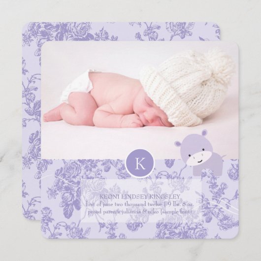 Faire-part PixDezines hippo violet+toile (Devant / Derrière)