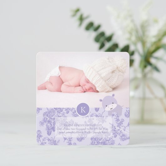 Faire-part PixDezines hippo violet+toile (Debout devant)