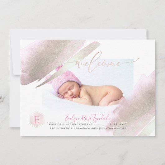 Faire-part PixDezines MONOGRAM, PLATINUM+BLUSH Baby Girl (Devant)