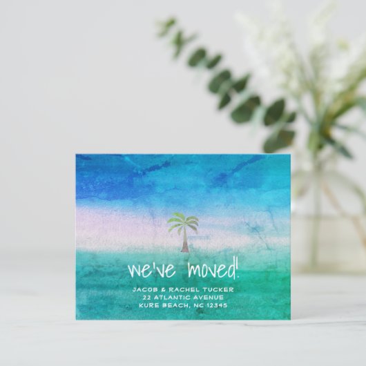 Faire-part Plage tropicale Palm Tree Blue Green Moving (Debout devant)
